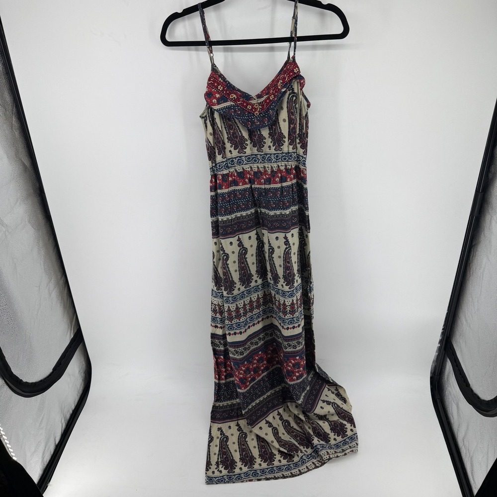 Band of Gypsies Red Blue Paisley Cotton Maxi Dress Boho Ruffle V-Neck Small